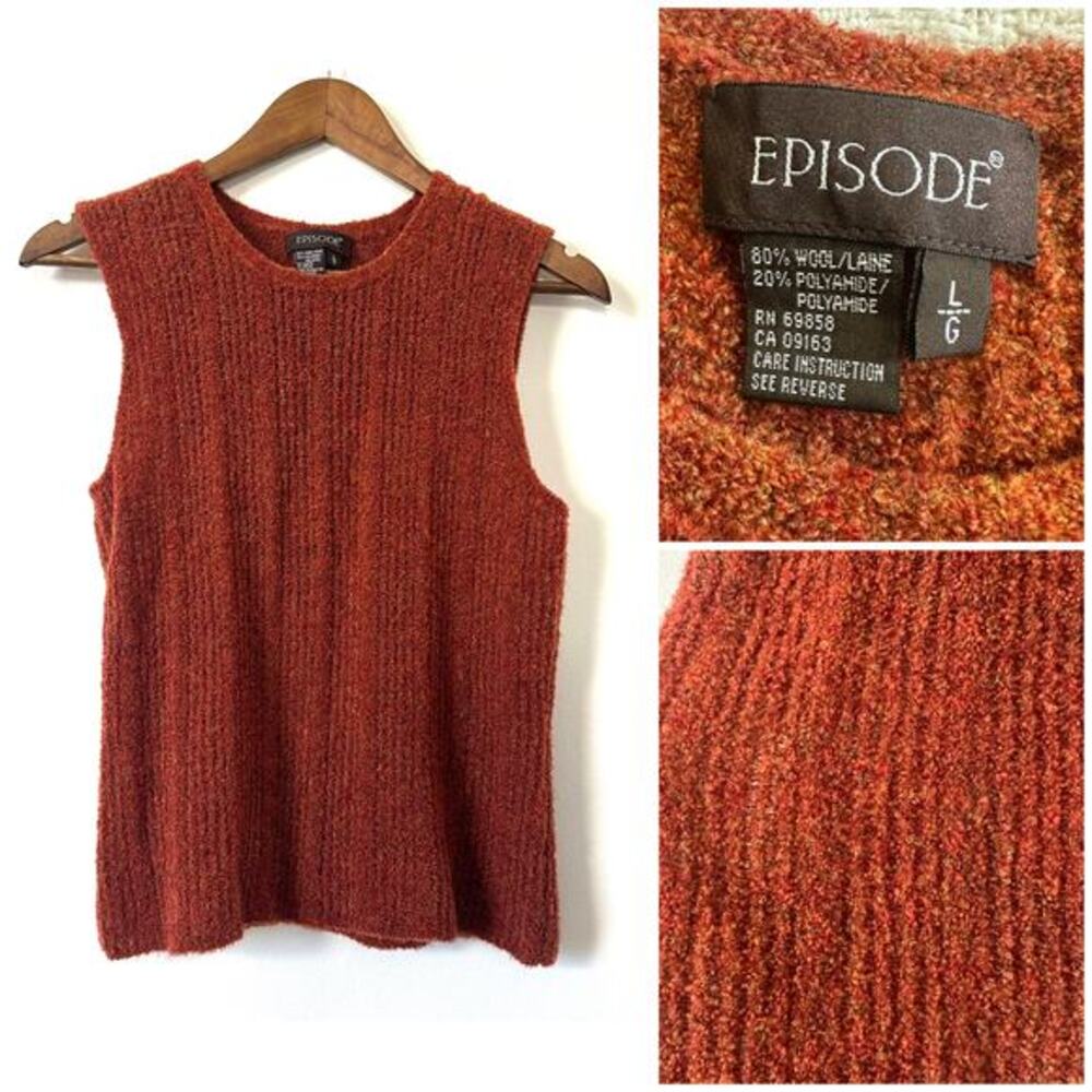 Knit Sleeveless Sweater S/M Wool‎ Blend Rust Orange Bouclé Textured Minimalist
